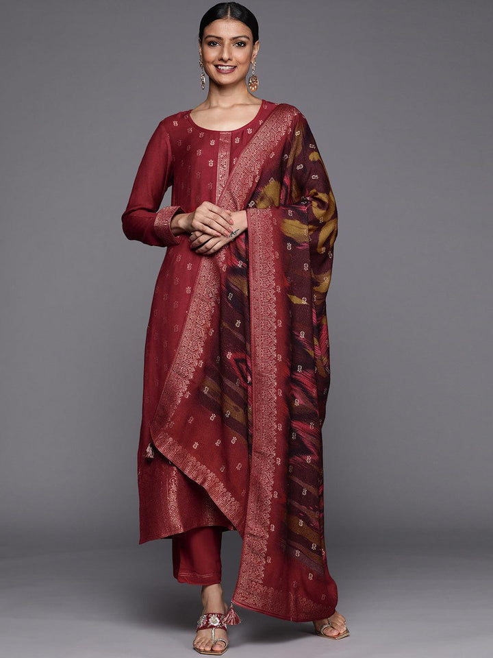 Rust Self Design Pashmina Wool Straight Suit Set - ShopLibas