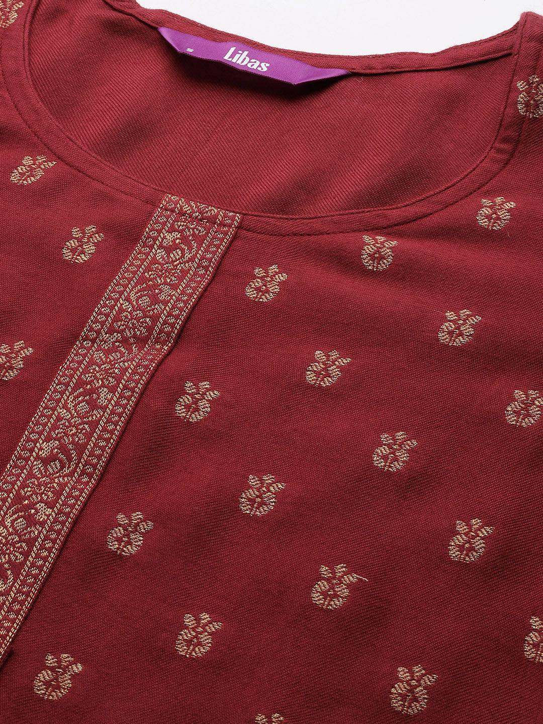 Rust Self Design Pashmina Wool Straight Suit Set - ShopLibas
