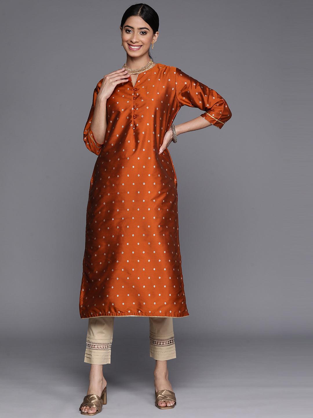 Rust Woven Design Art Silk Straight Kurta - ShopLibas