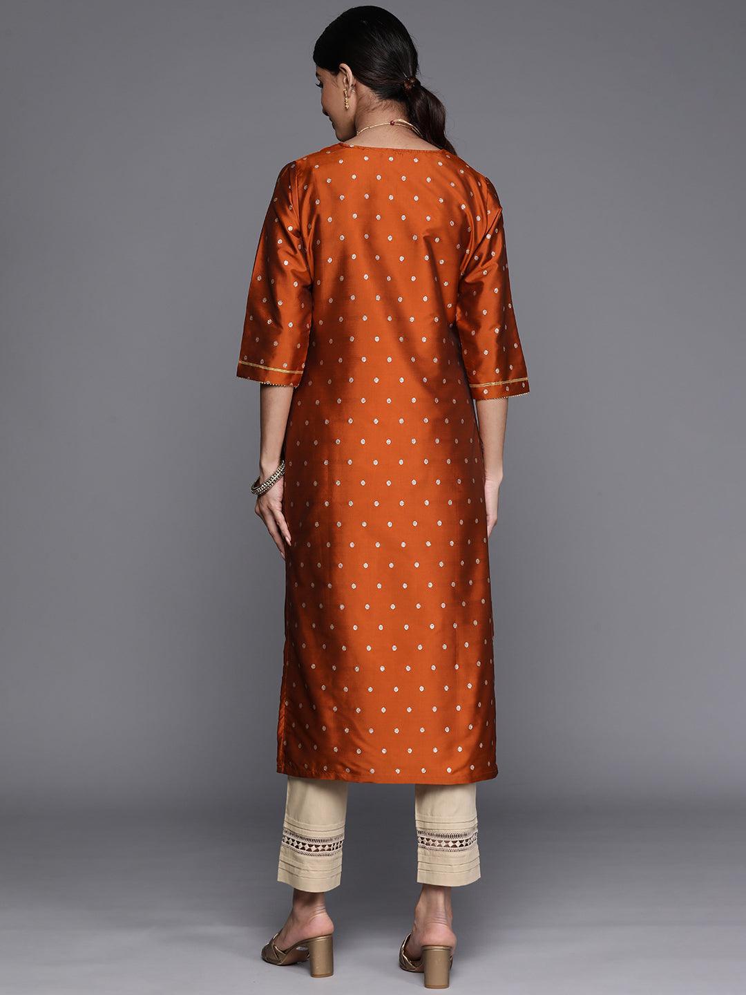 Rust Woven Design Art Silk Straight Kurta - ShopLibas 