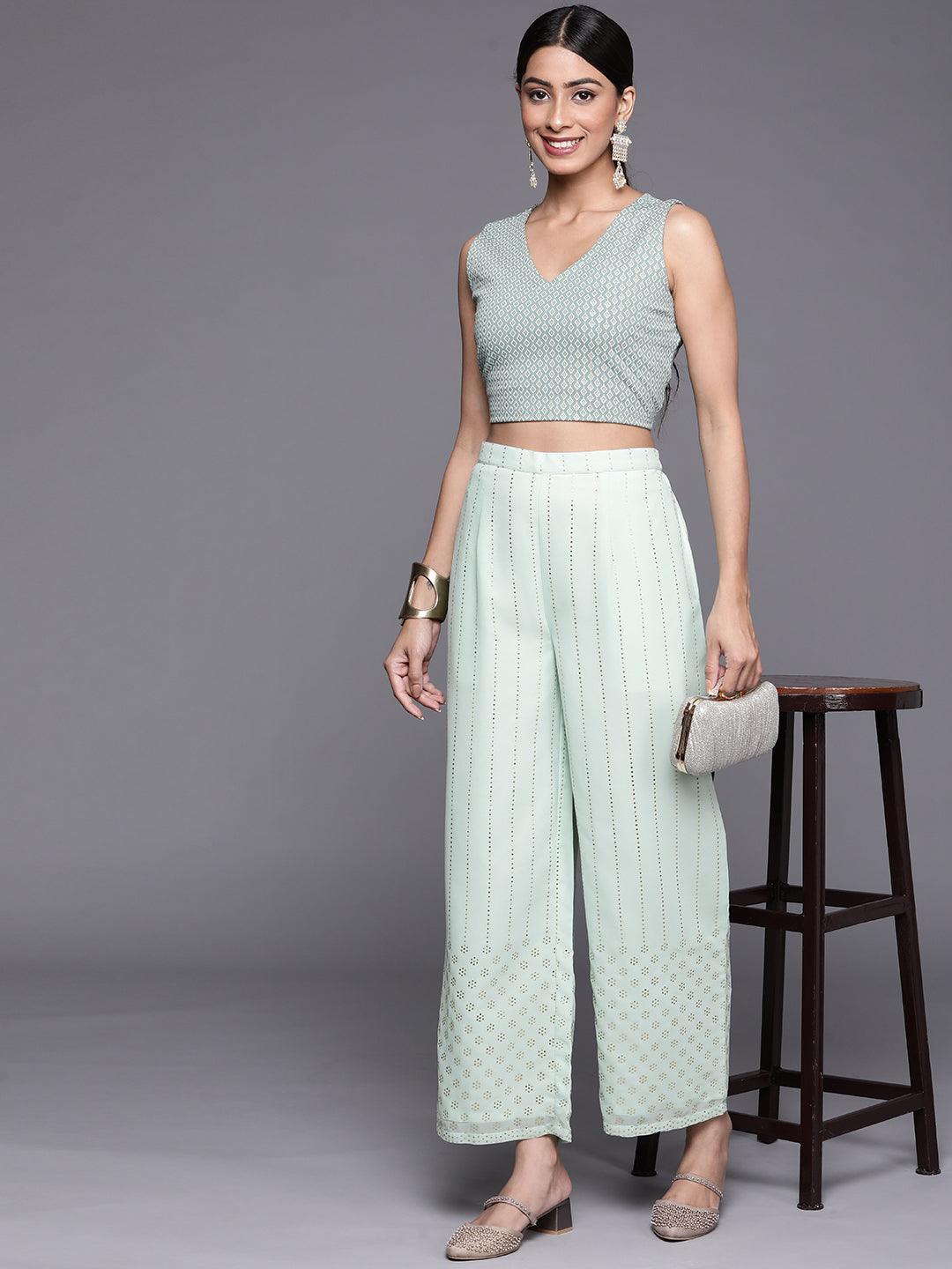 Sea Green Embellished Georgette Palazzos - ShopLibas 
