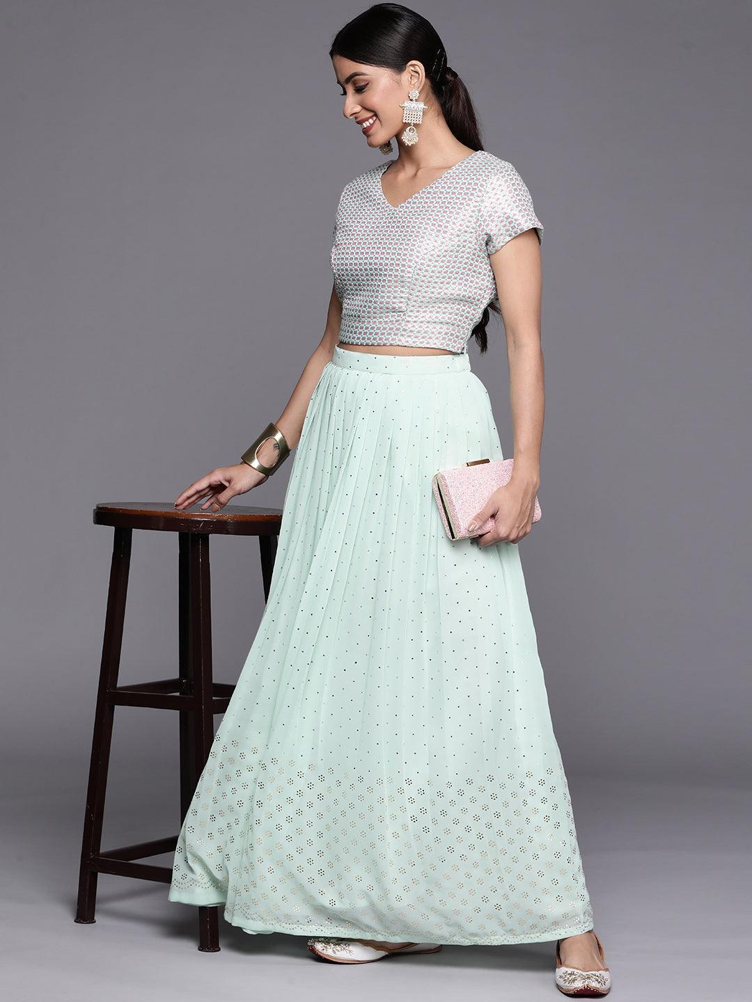 Sea Green Embellished Georgette Skirt - ShopLibas