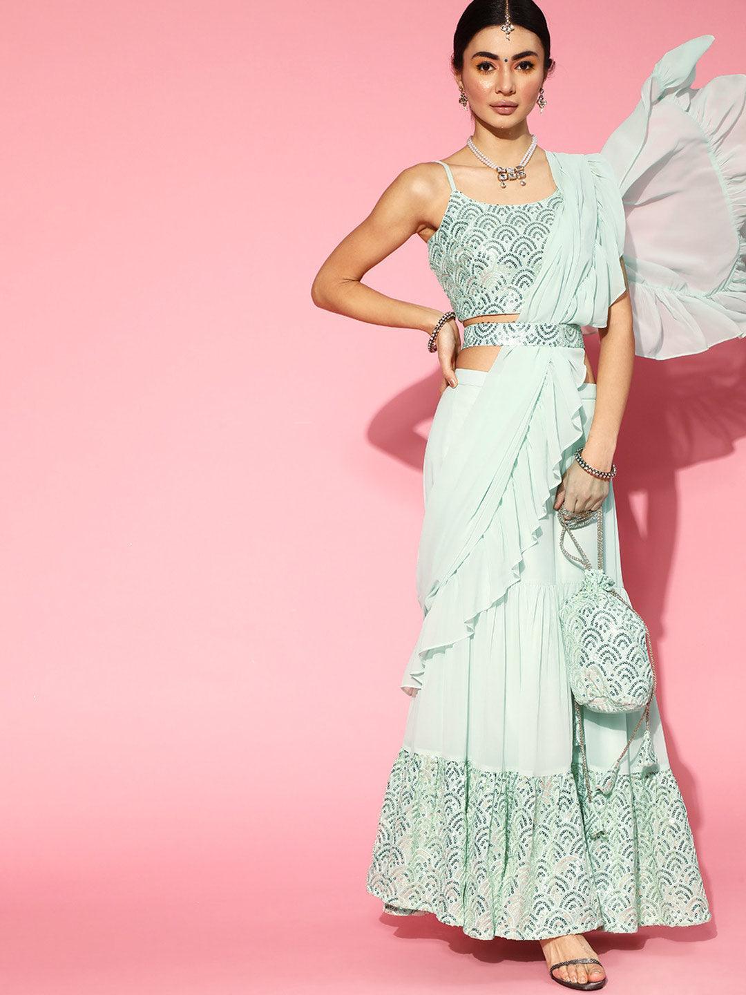 Sea Green Embellished Ready to Wear Saree - ShopLibas