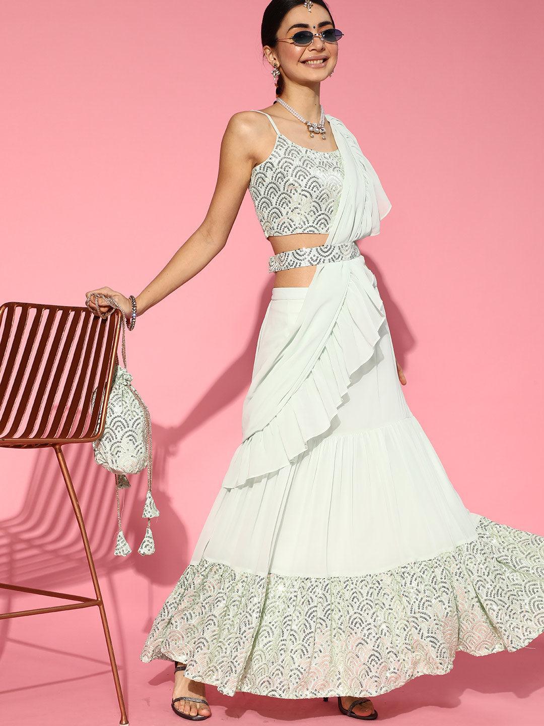 Sea Green Embellished Ready to Wear Saree - ShopLibas