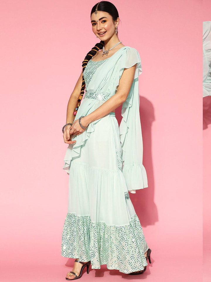 Sea Green Embellished Ready to Wear Saree - ShopLibas