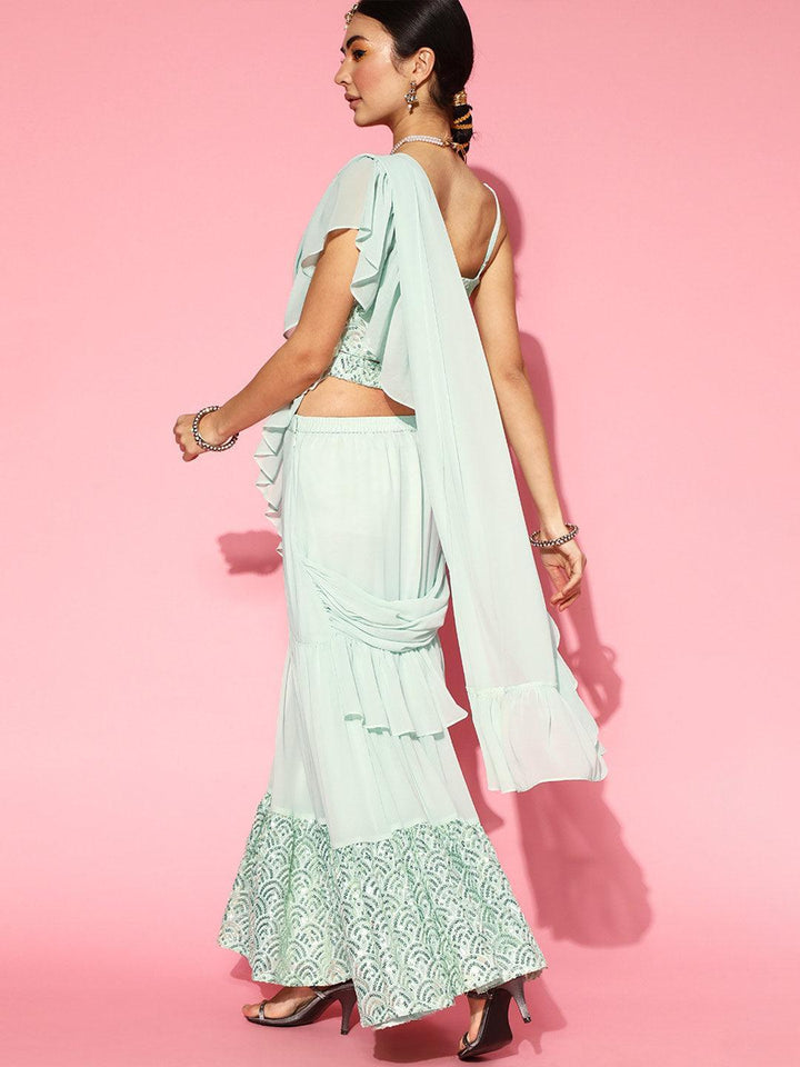 Sea Green Embellished Ready to Wear Saree - ShopLibas