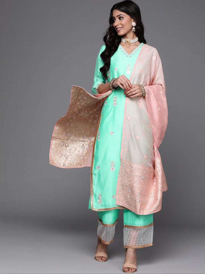 Sea Green Embroidered Chanderi Silk Suit Set - ShopLibas