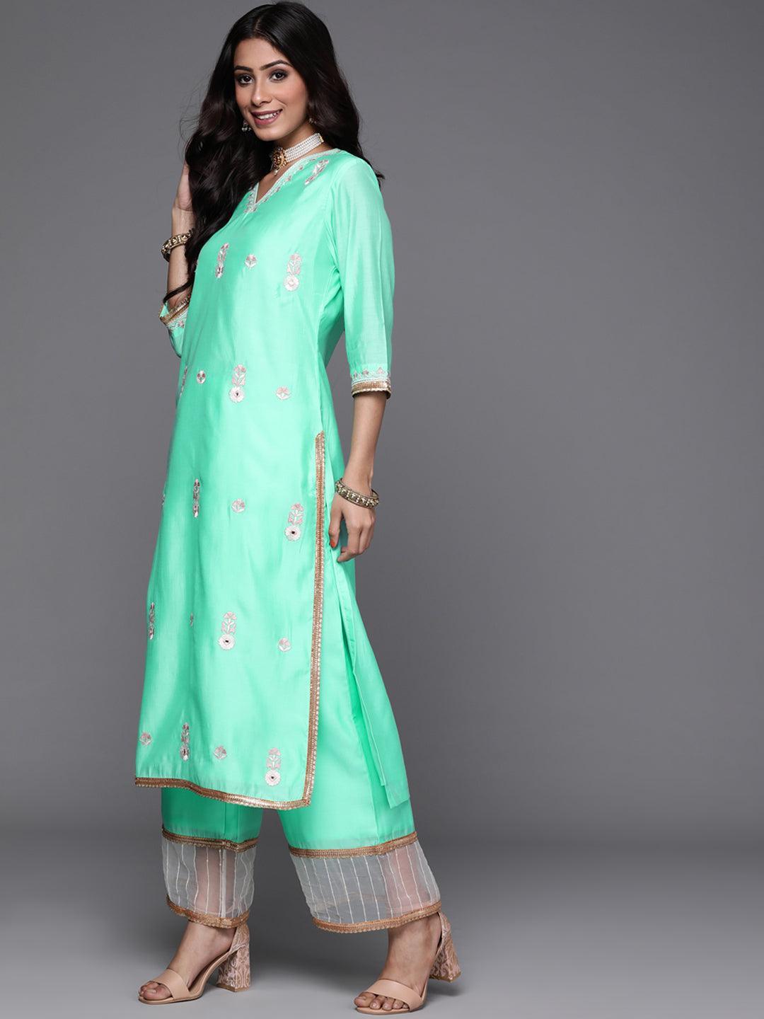 Sea Green Embroidered Chanderi Silk Suit Set - ShopLibas