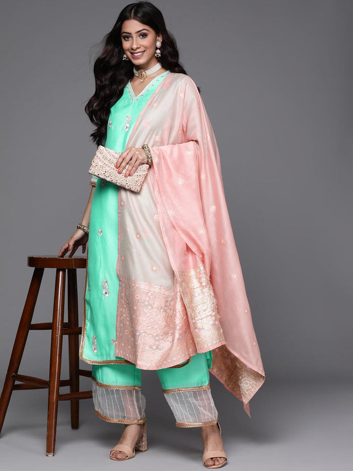 Sea Green Embroidered Chanderi Silk Suit Set - ShopLibas