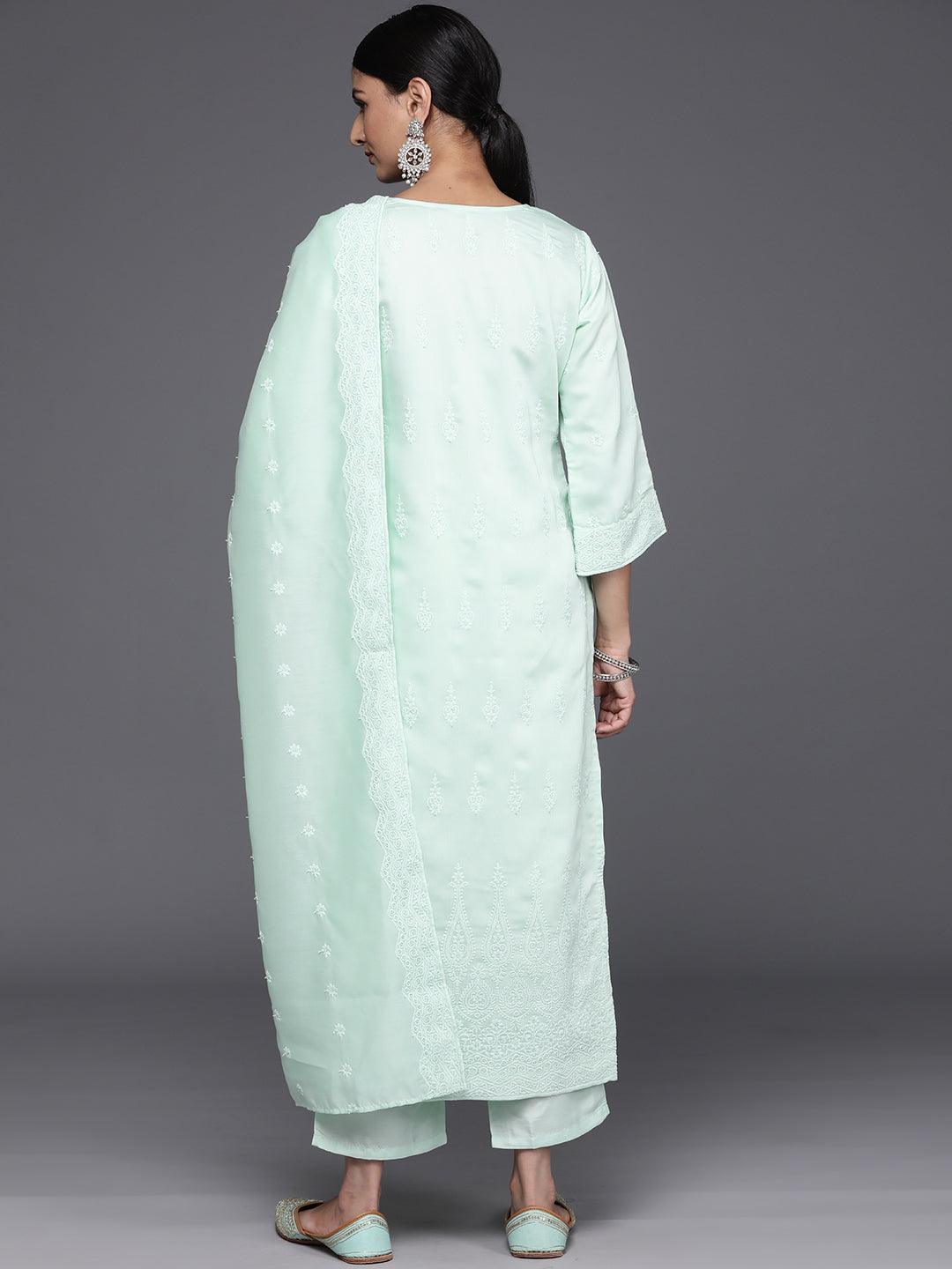 Sea Green Embroidered Chanderi Silk Straight Kurta With Trousers & Dupatta - Libas 