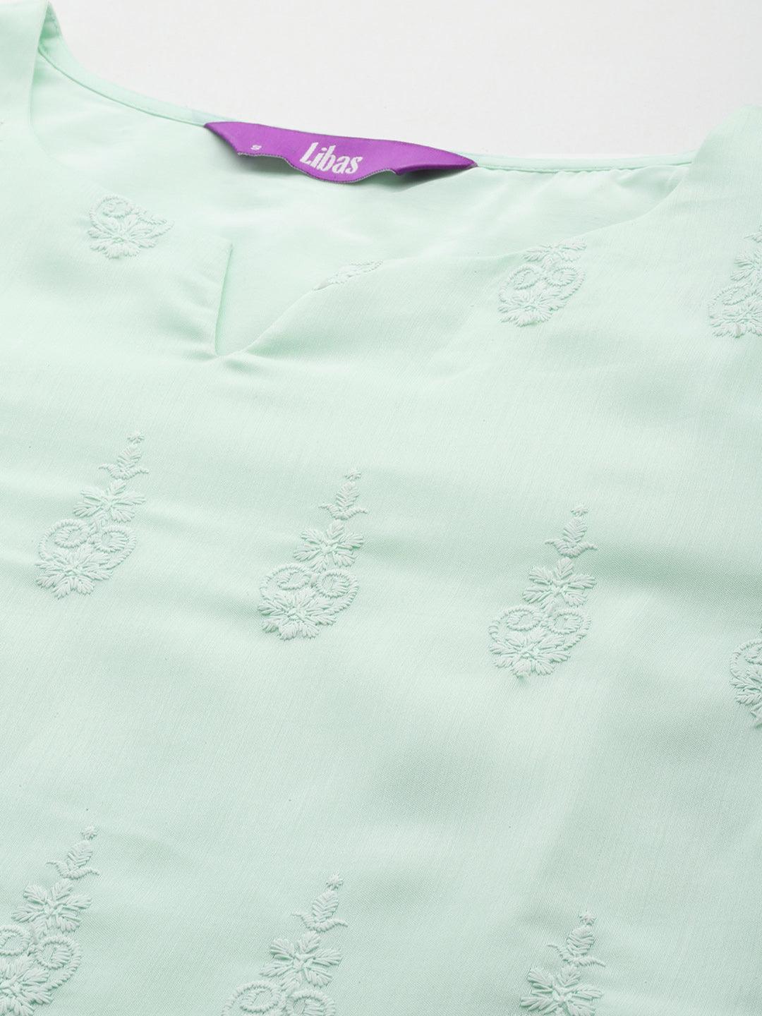 Sea Green Embroidered Chanderi Silk Straight Kurta With Trousers & Dupatta - Libas 