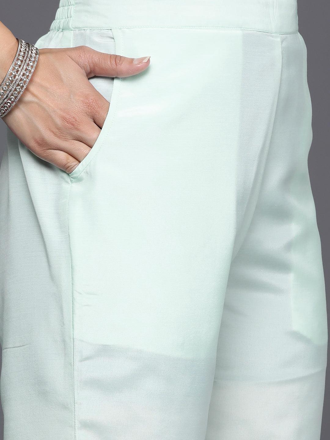 Sea Green Embroidered Chanderi Silk Straight Kurta With Trousers & Dupatta - Libas 