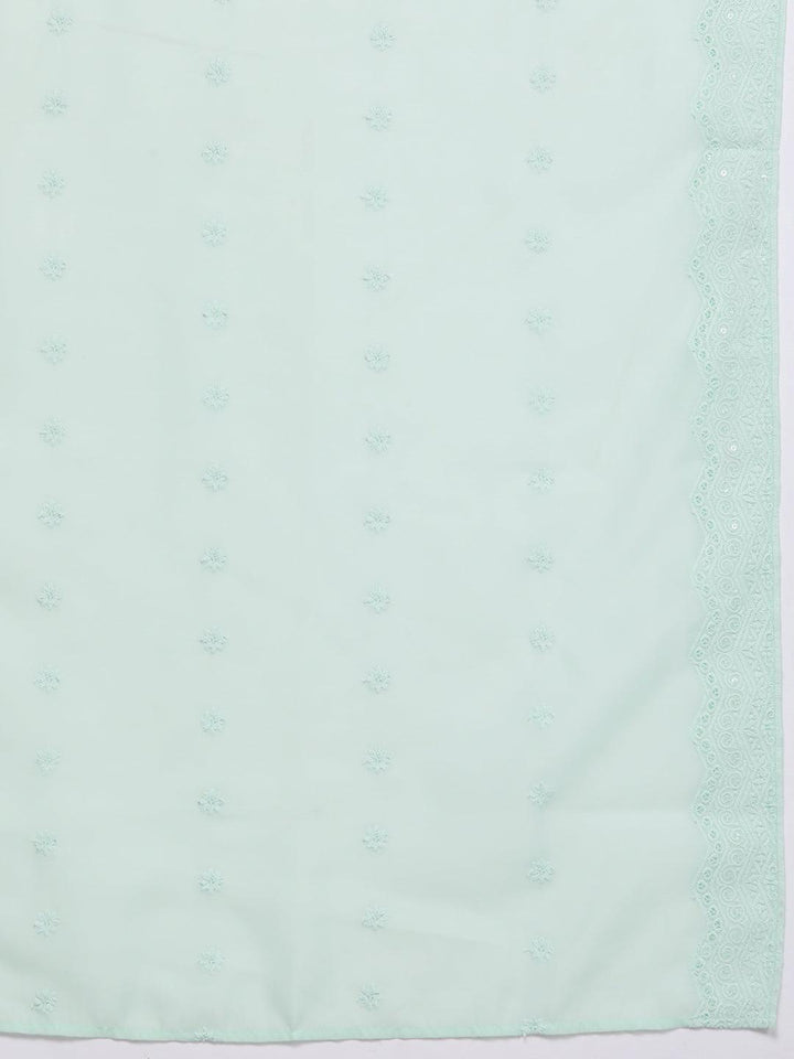Sea Green Embroidered Chanderi Silk Straight Kurta With Trousers & Dupatta