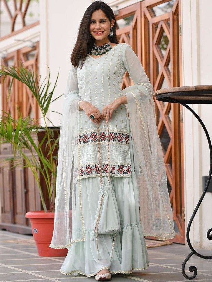 Sea Green Embroidered Georgette Kurta Set - ShopLibas