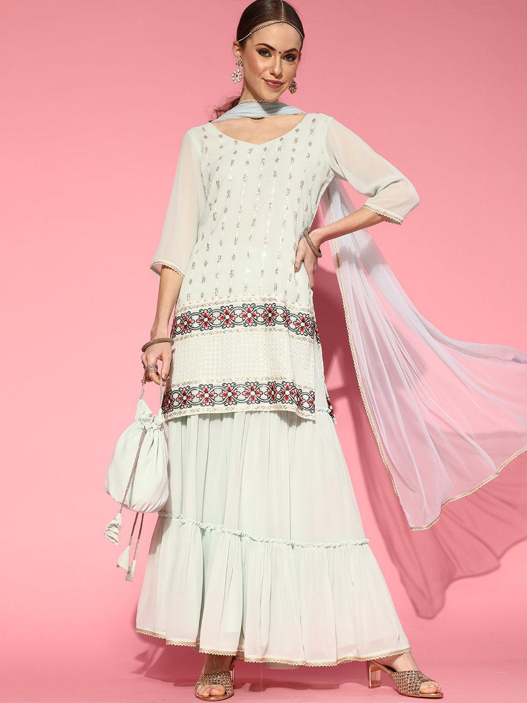 Sea Green Embroidered Georgette Kurta Set - ShopLibas