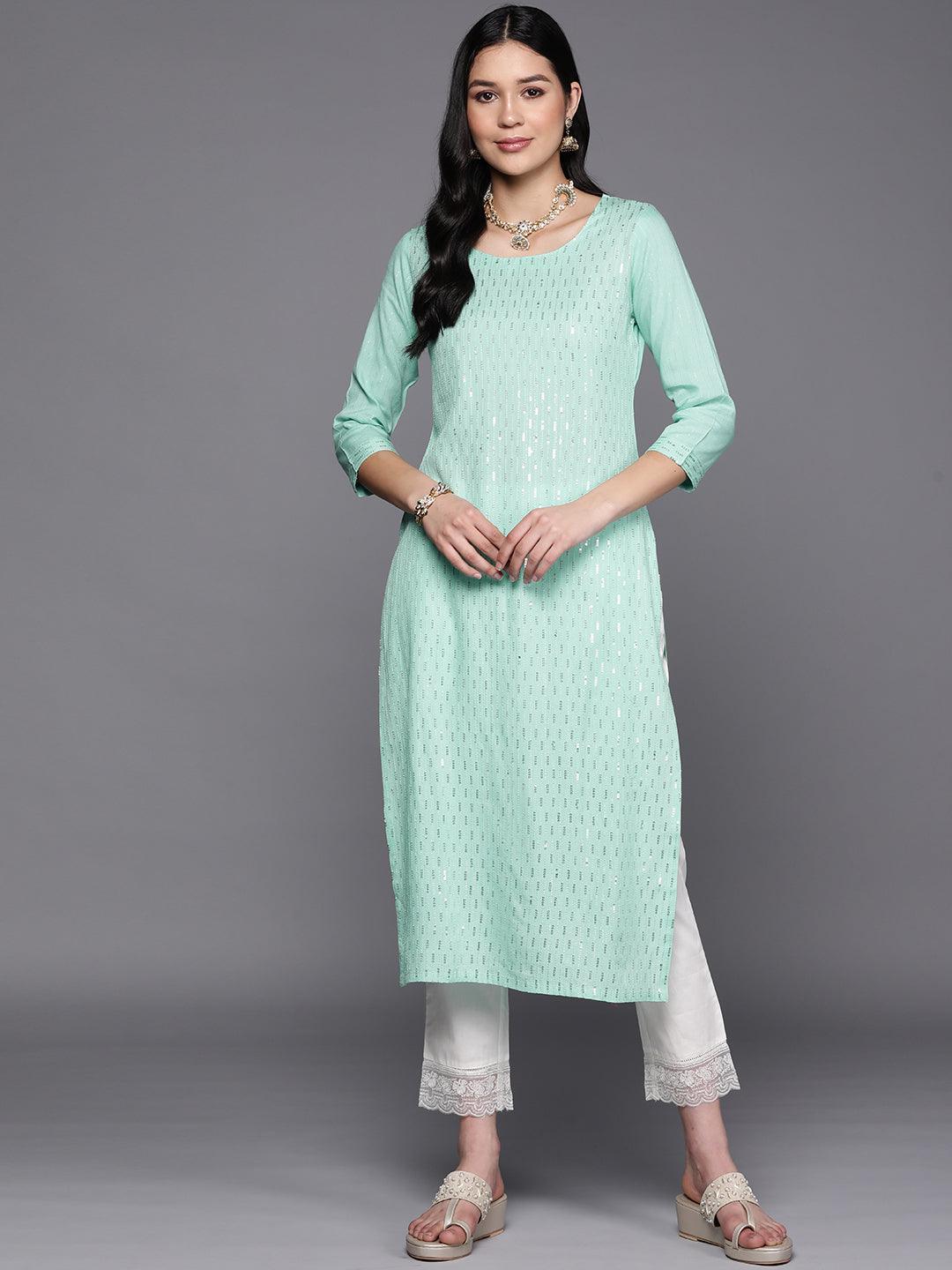 Sea Green Embroidered Rayon Straight Kurta - ShopLibas