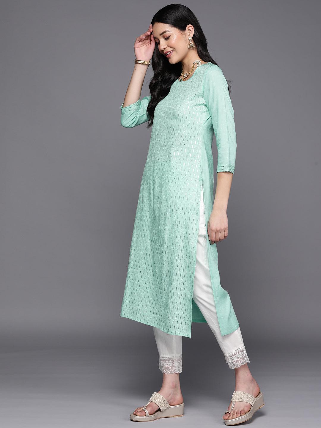 Sea Green Embroidered Rayon Straight Kurta - ShopLibas 