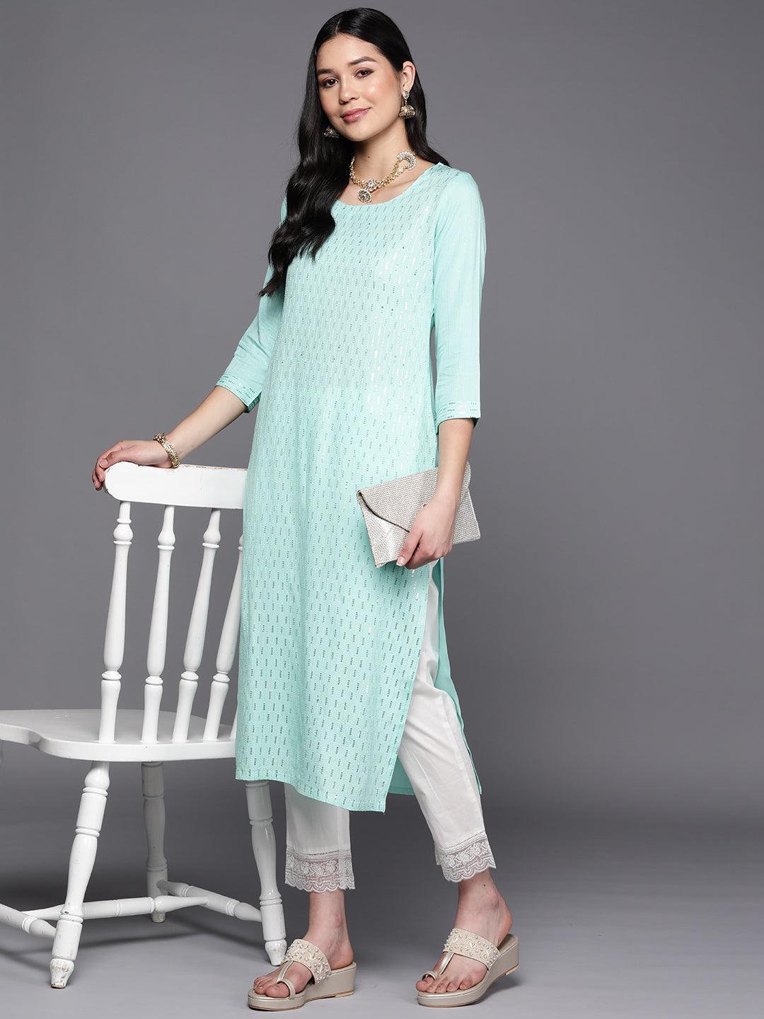 Sea Green Embroidered Rayon Straight Kurta - ShopLibas 