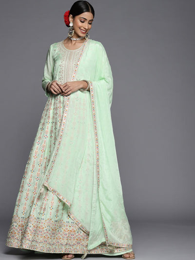 Sea Green Embroidered Silk Anarkali Suit Set - ShopLibas