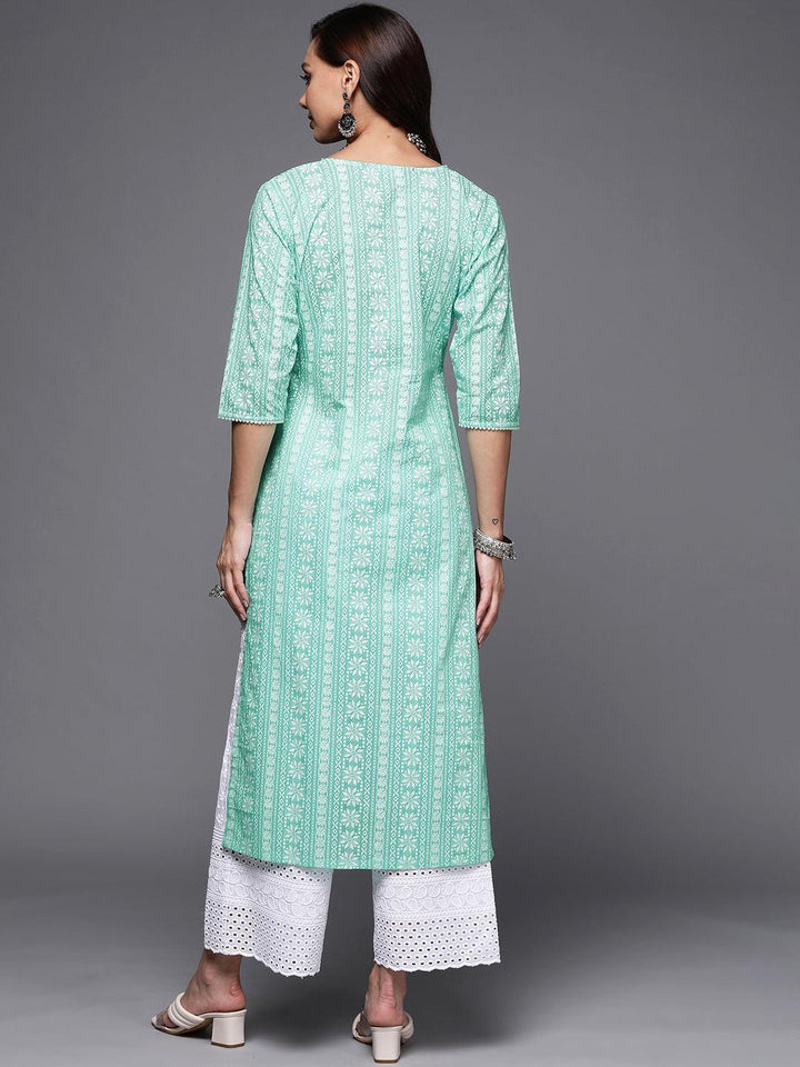 Sea Green Printed Cotton Straight Kurta - ShopLibas