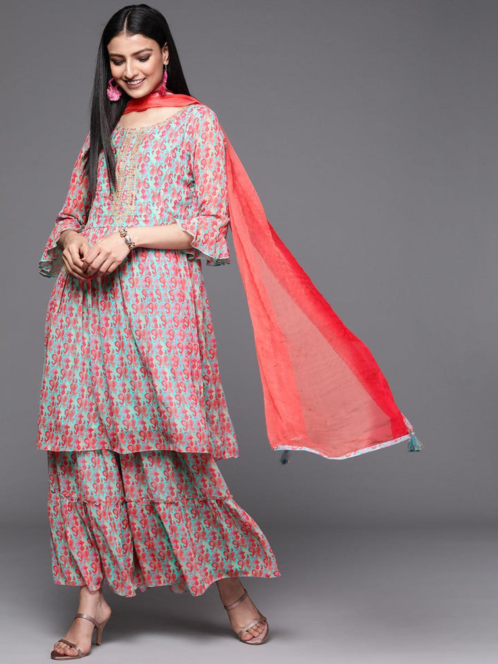 Sea Green Printed Georgette Suit Set - ShopLibas