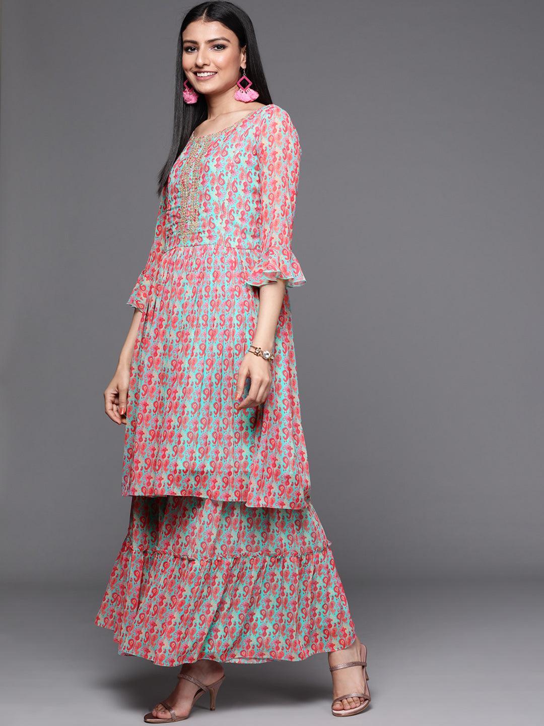 Sea Green Printed Georgette Suit Set - ShopLibas