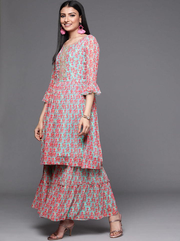 Sea Green Printed Georgette Suit Set - ShopLibas