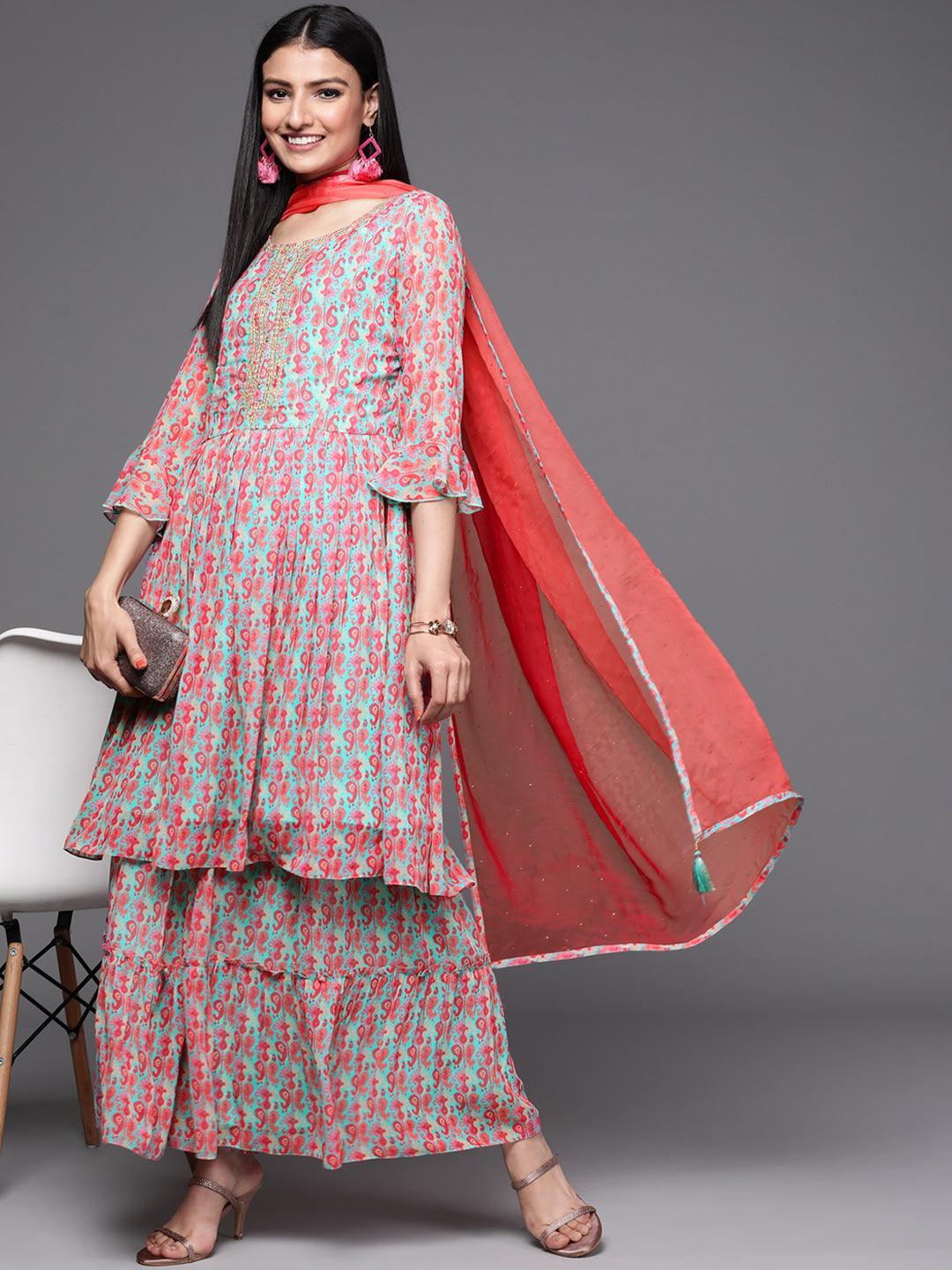 Sea Green Printed Georgette Suit Set - ShopLibas