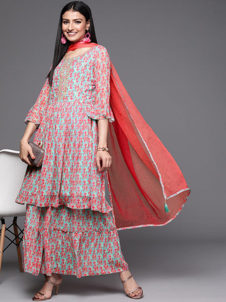 Sea Green Printed Georgette Suit Set - ShopLibas