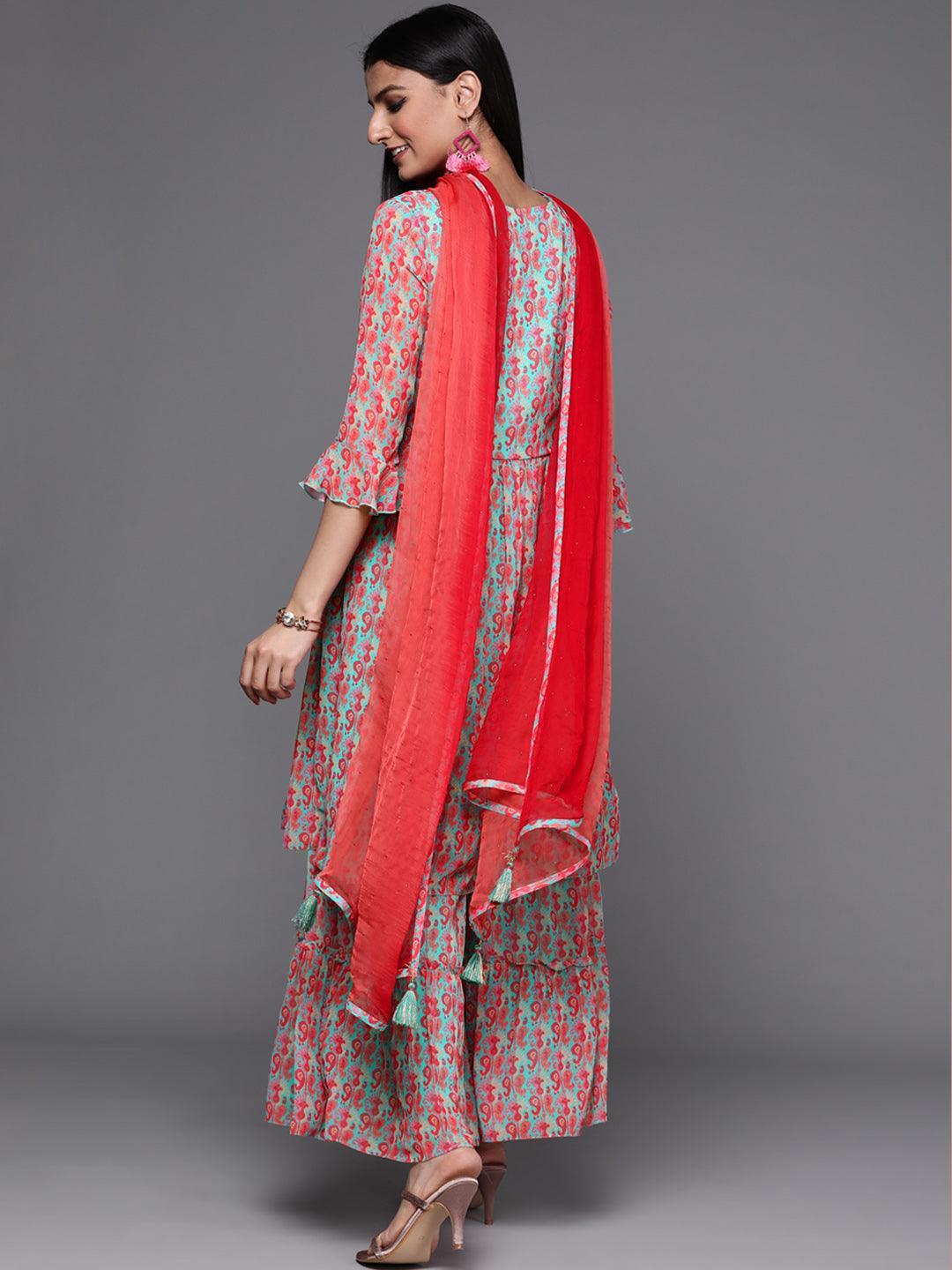 Sea Green Printed Georgette Suit Set - ShopLibas