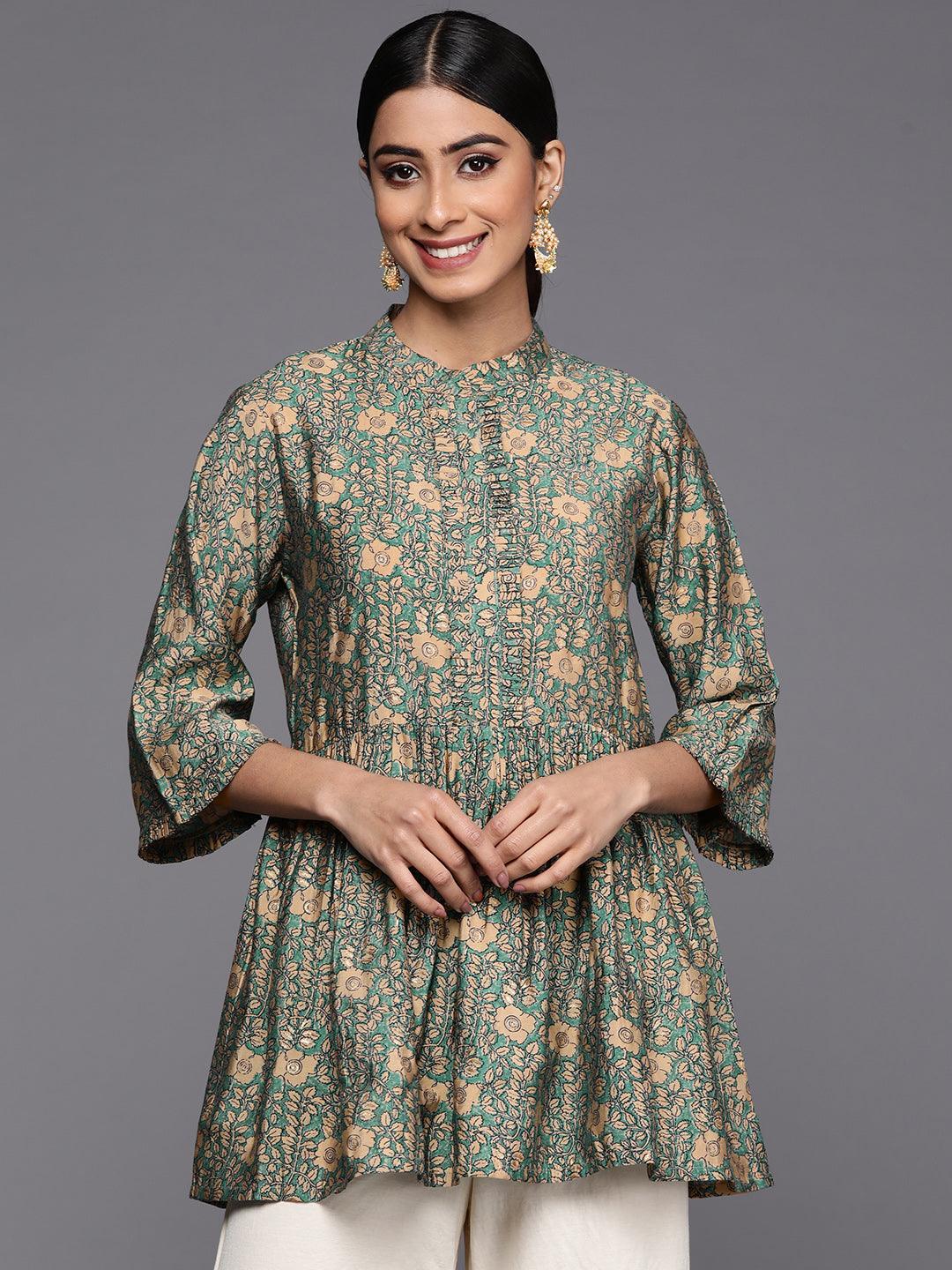 Sea Green Printed Silk Blend A-Line Kurti - ShopLibas