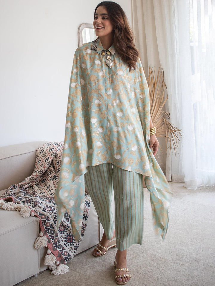 Sea Green Printed Silk Blend Kurta Set - ShopLibas