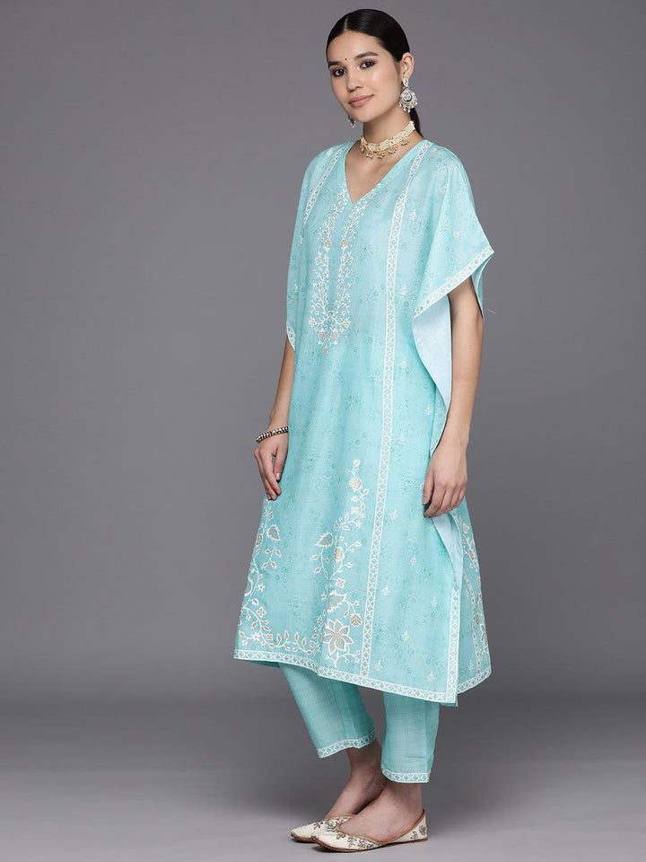 Sea Green Printed Silk Blend Kaftan Kurta Set With Trousers - Libas