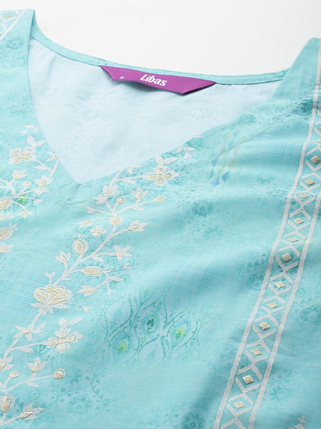 Sea Green Printed Silk Blend Kaftan Kurta Set With Trousers - Libas