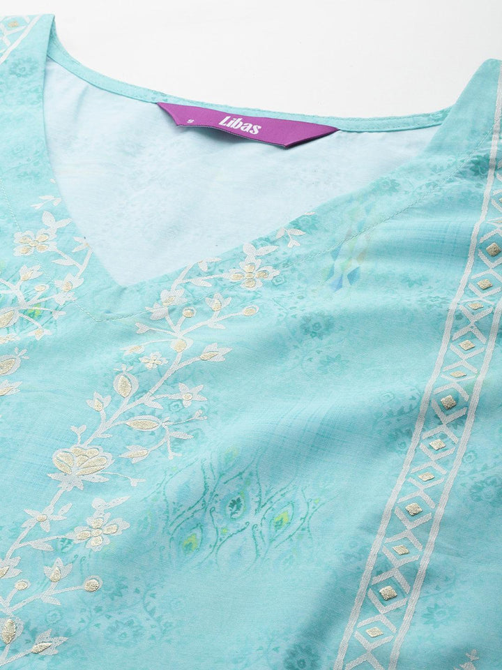 Sea Green Printed Silk Blend Kaftan Kurta Set With Trousers - Libas