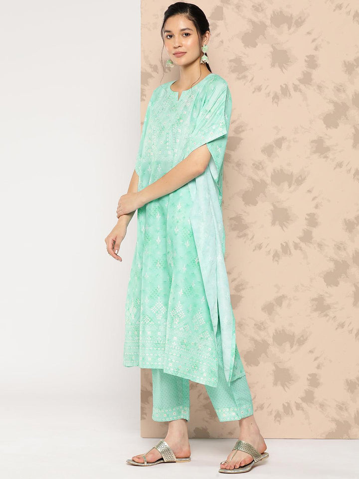 Sea Green Printed Silk Blend Kaftan Kurta With Trousers - Libas