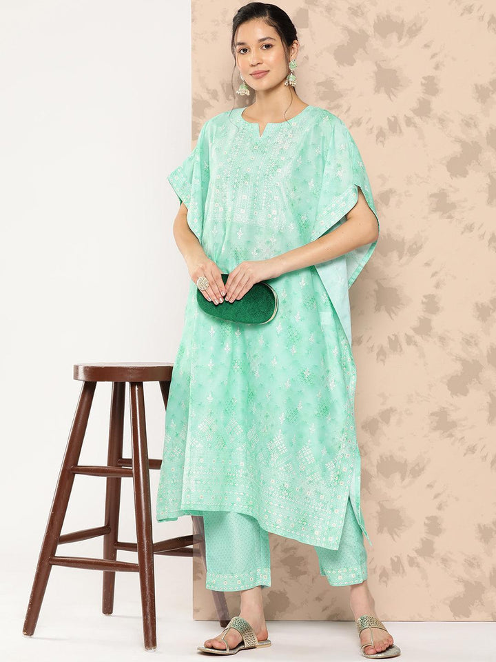 Sea Green Printed Silk Blend Kaftan Kurta With Trousers - Libas
