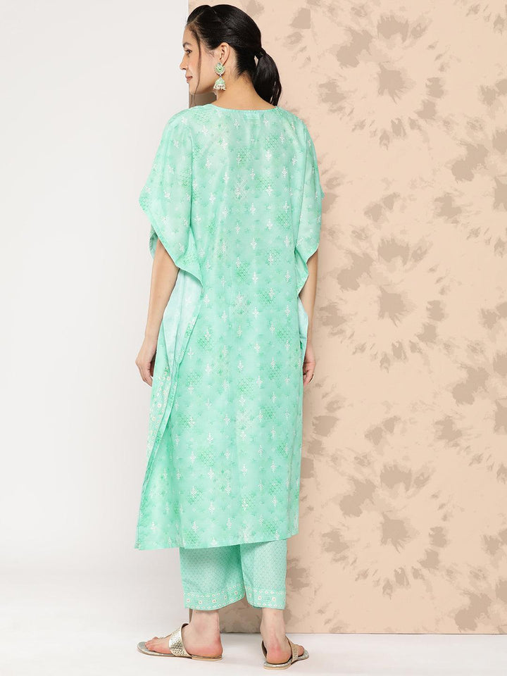 Sea Green Printed Silk Blend Kaftan Kurta With Trousers - Libas