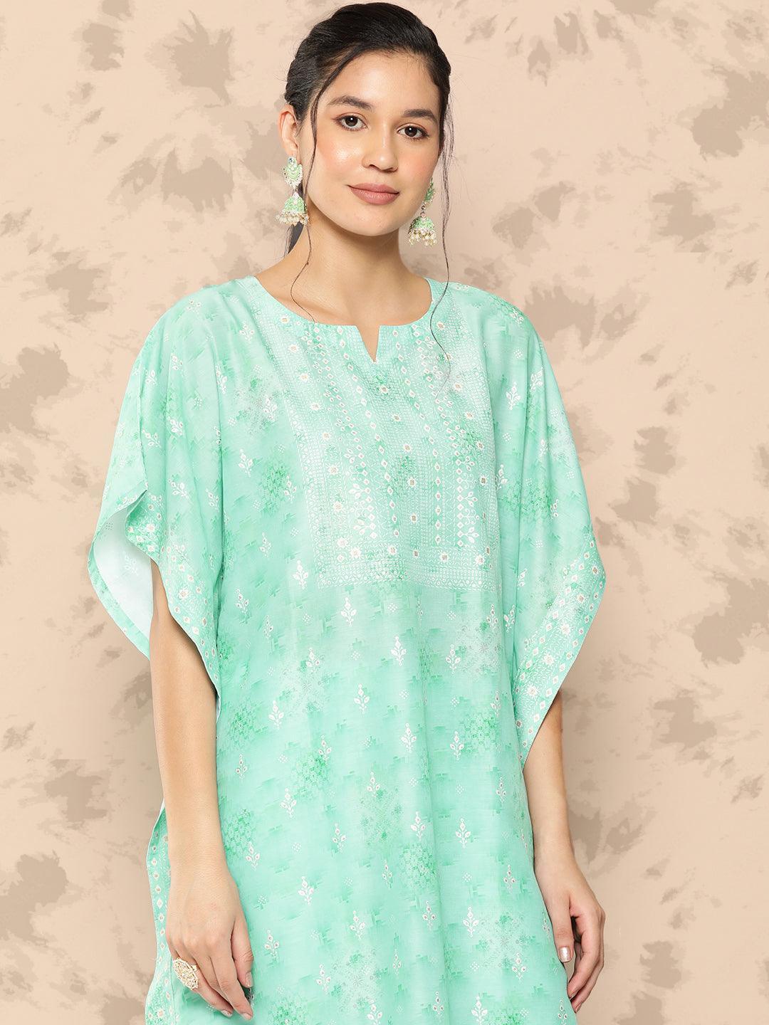 Sea Green Printed Silk Blend Kaftan Kurta With Trousers - Libas