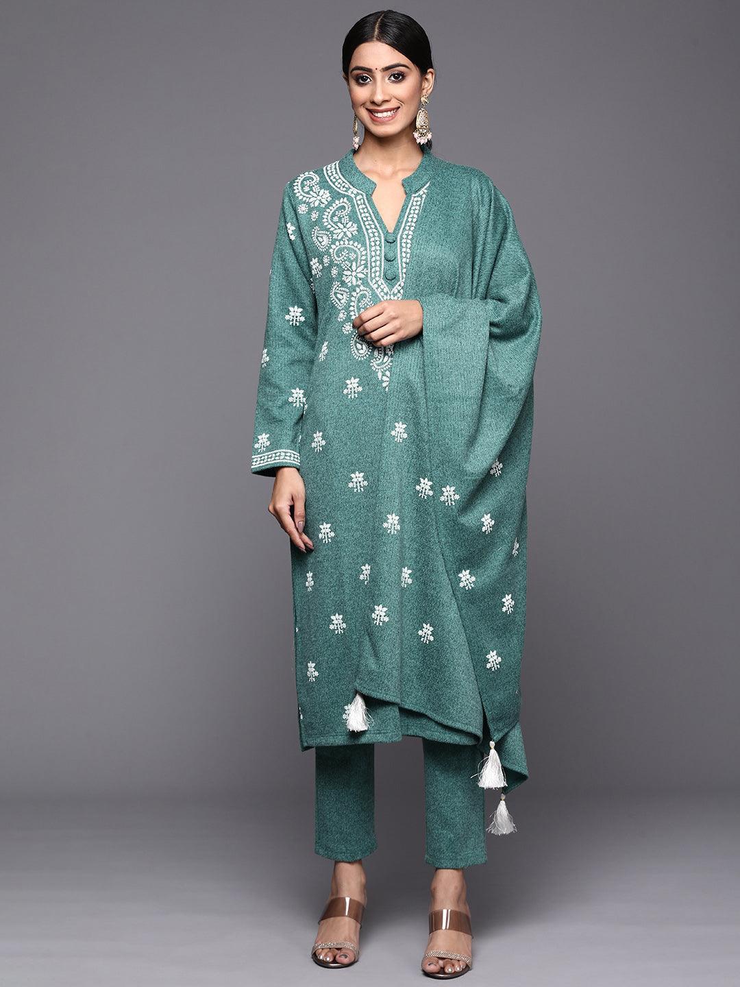 Sea Green Printed Wool Straight Suit Set - ShopLibas