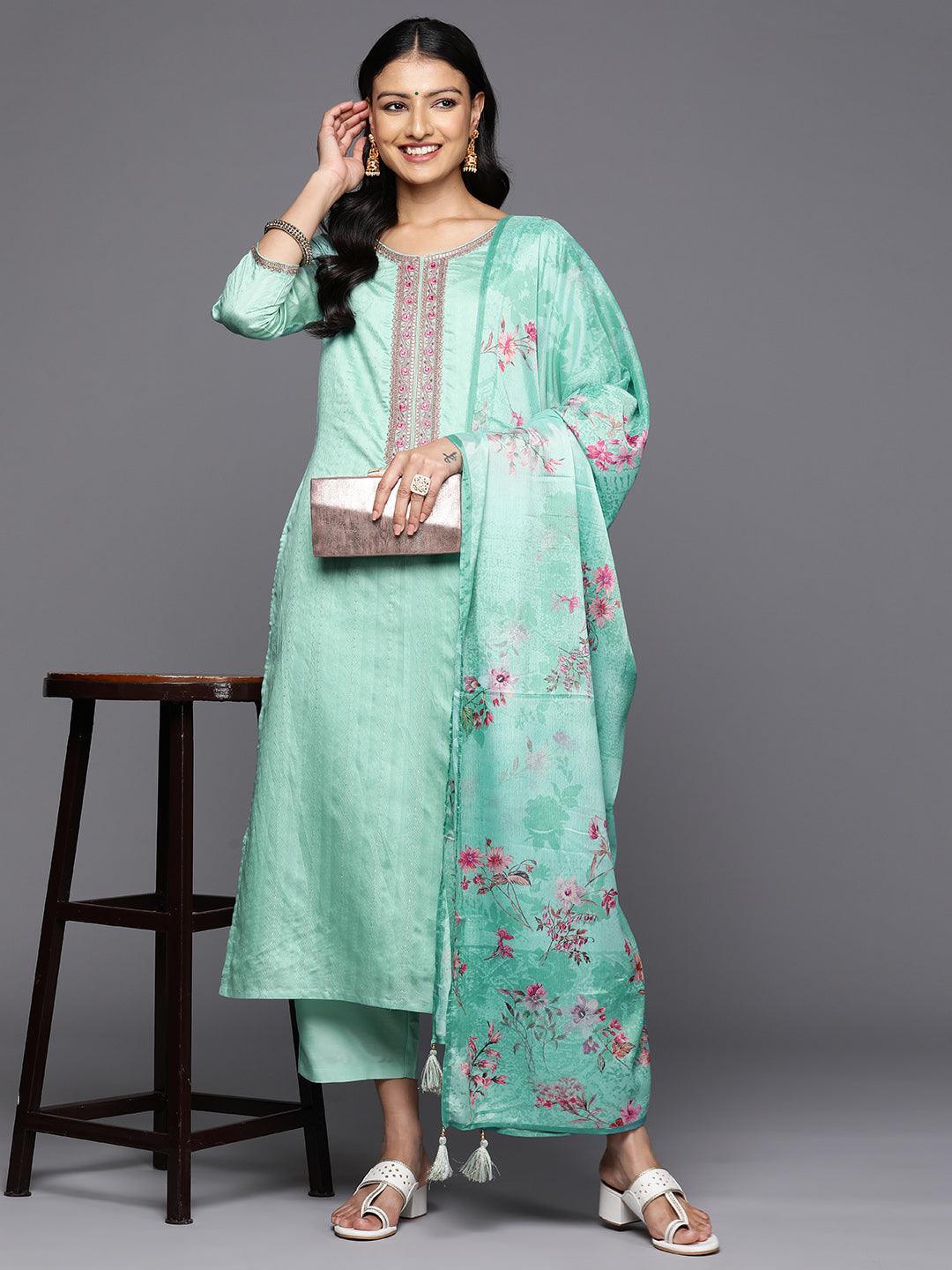 Sea Green Self Design Rayon Straight Kurta With Trousers & Dupatta - Libas 