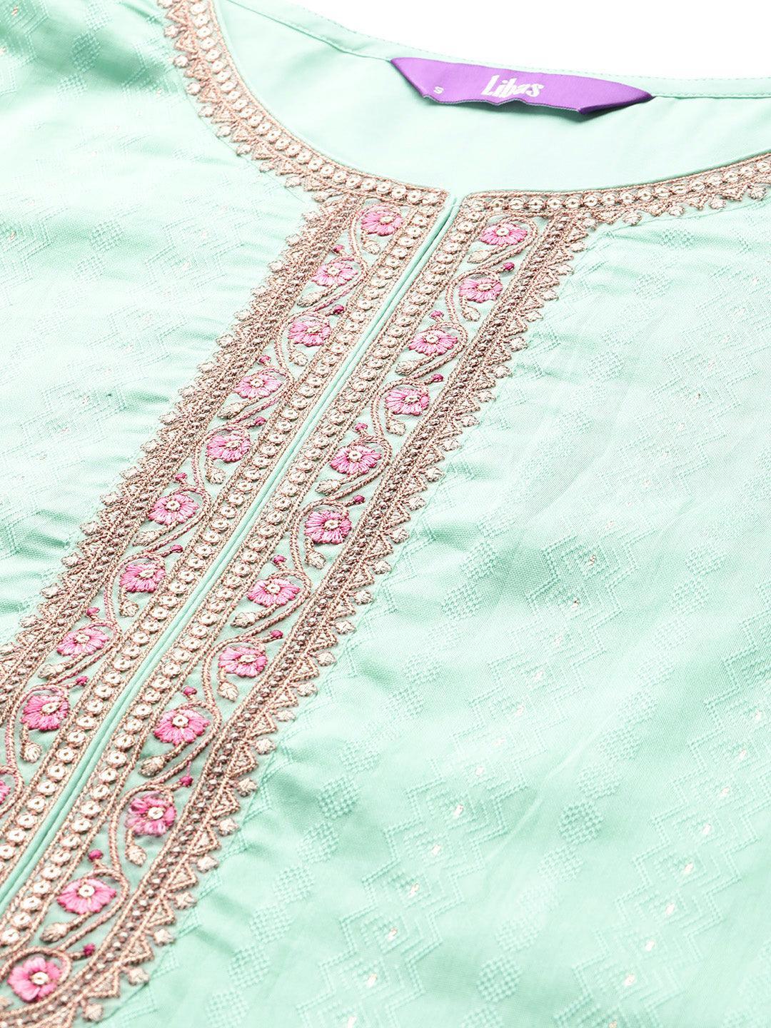 Sea Green Self Design Rayon Straight Kurta With Trousers & Dupatta - Libas 