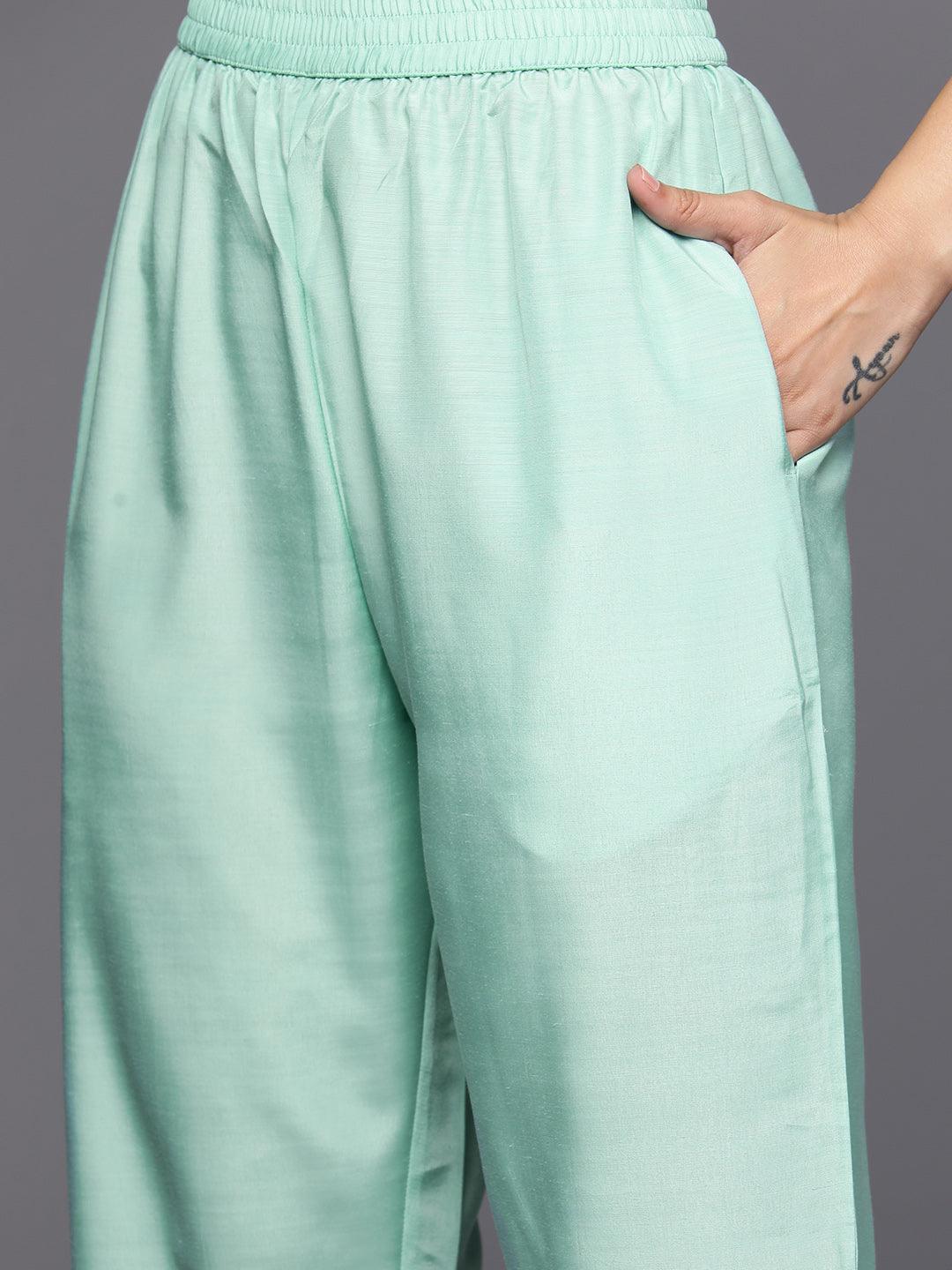 Sea Green Self Design Rayon Straight Kurta With Trousers & Dupatta - Libas 