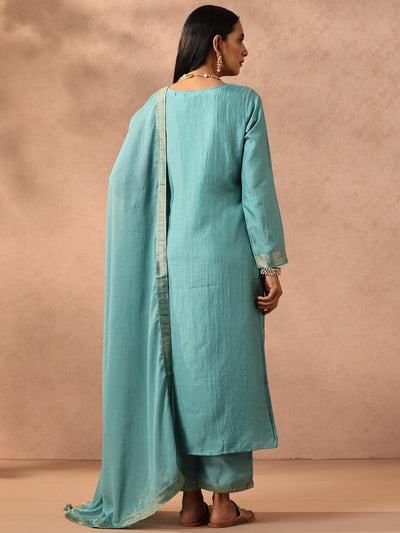 Sea Green Self Design Silk Blend Straight Suit Set With Trousers - ShopLibas