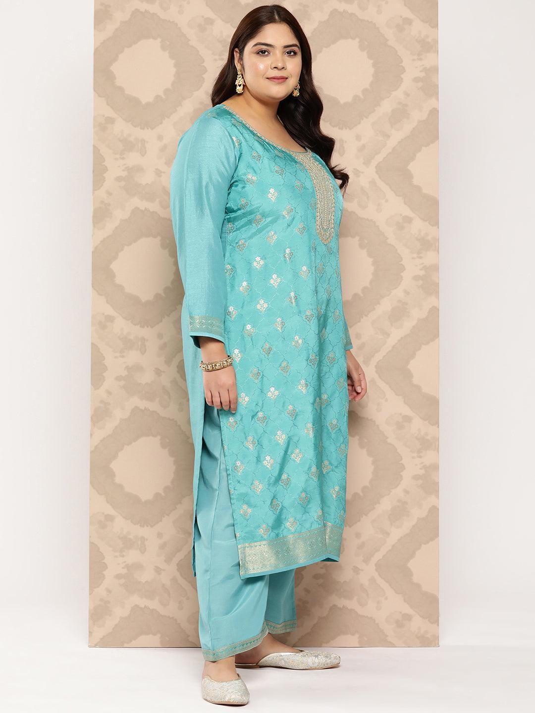 Sea Green Woven Design Silk Blend Straight Kurta With Trousers and Dupatta - Libas 