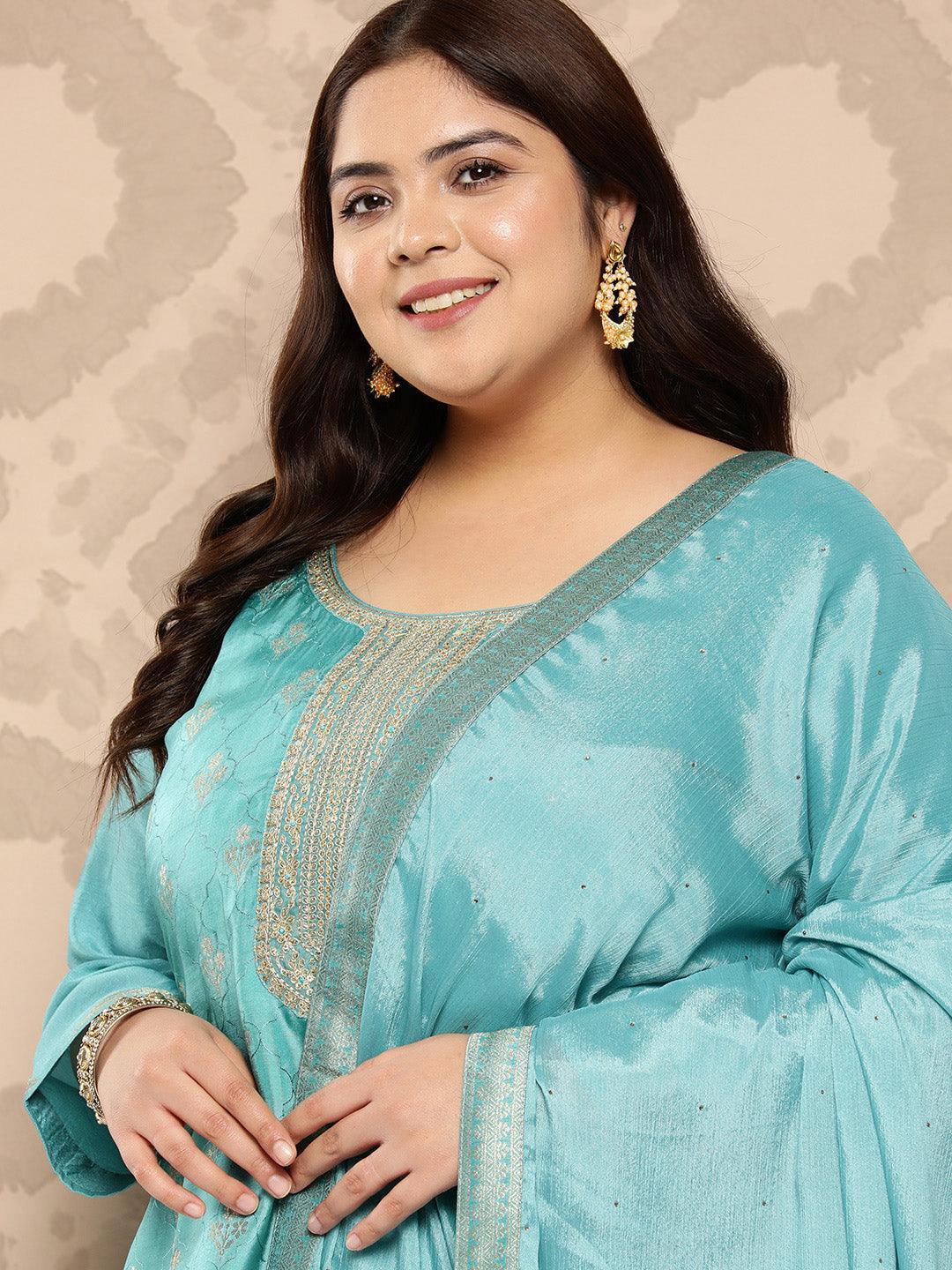 Sea Green Woven Design Silk Blend Straight Kurta With Trousers and Dupatta - Libas 
