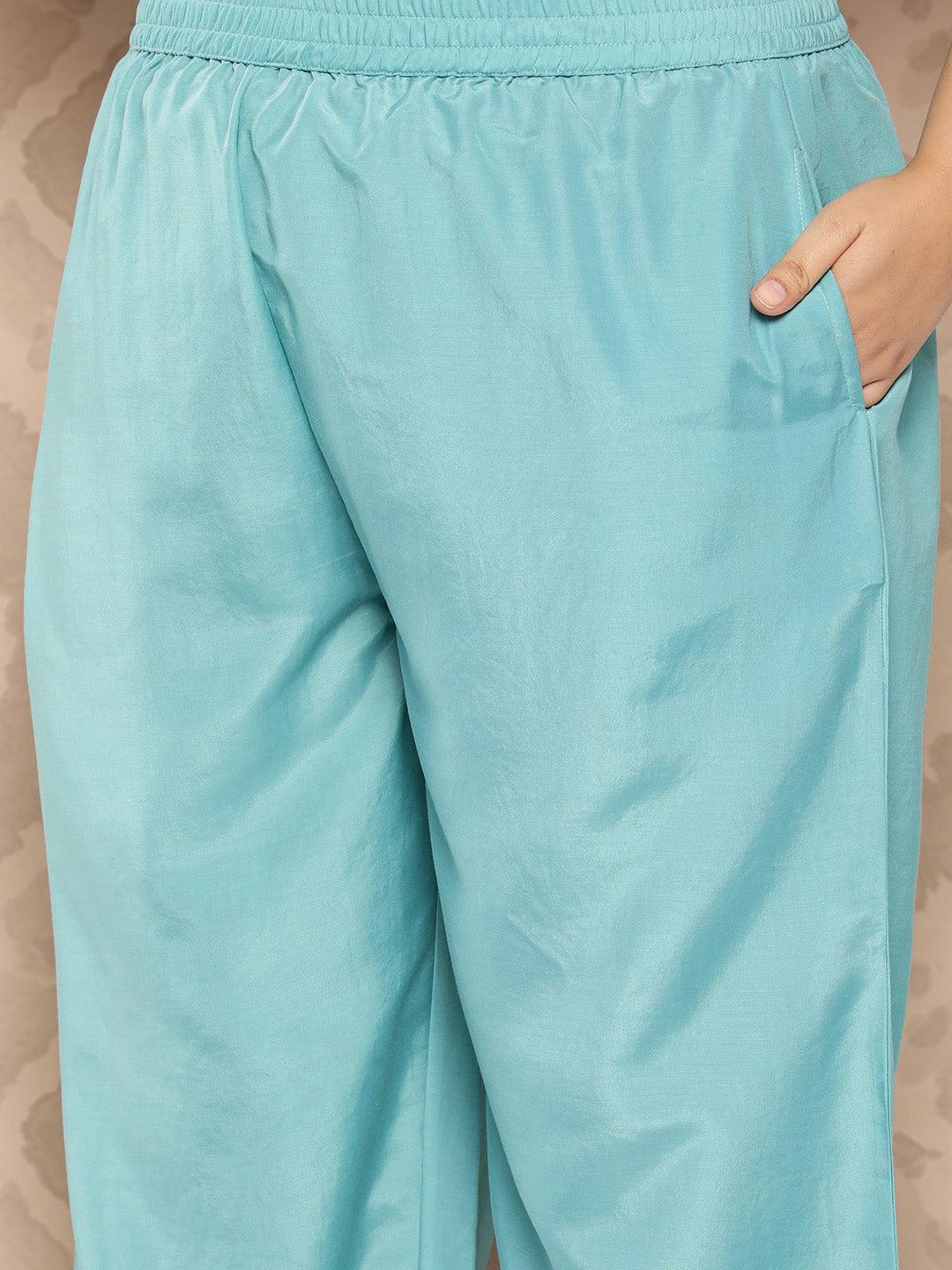Sea Green Woven Design Silk Blend Straight Kurta With Trousers and Dupatta - Libas 