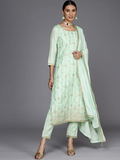 Sea Green Woven Design Silk Suit Set - ShopLibas