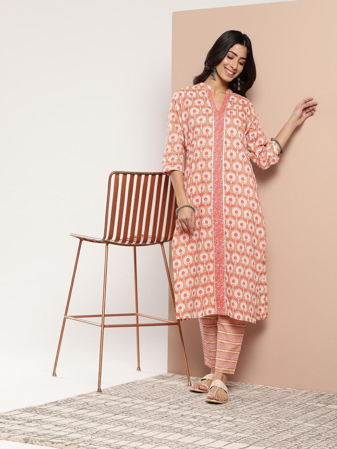 Tan Printed Cotton Straight Kurta - ShopLibas 