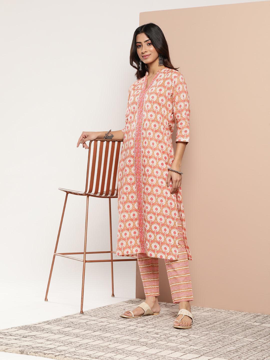Tan Printed Cotton Straight Kurta - ShopLibas 